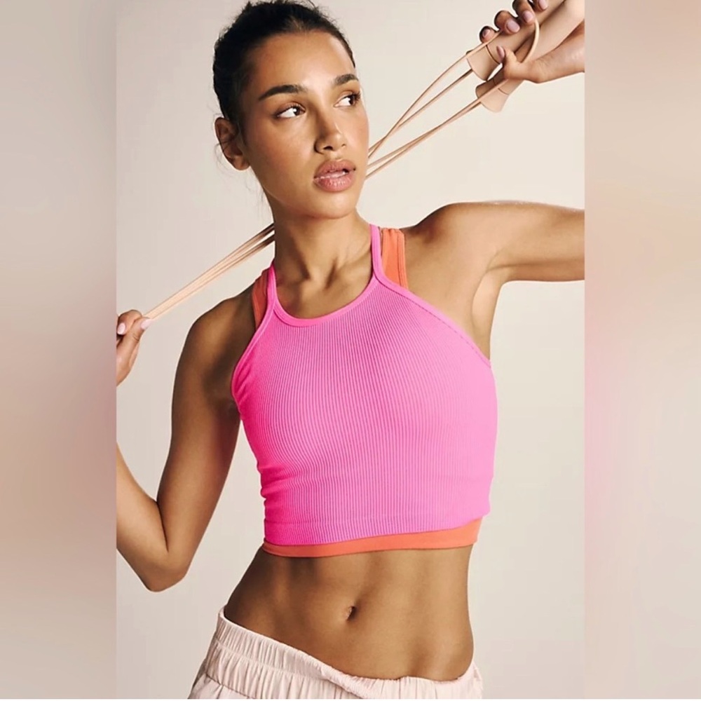 Ribbed Cropped Tank Bralette in Hot Pink